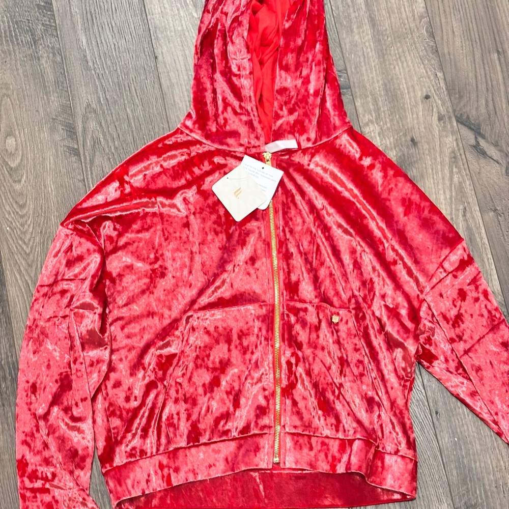 Fabletics Red Velvet Crop Hoodie with Gold Zipper, size M